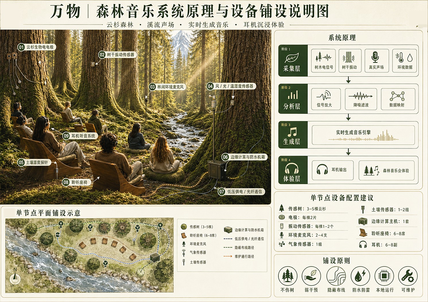 森林音乐系统原理与设备铺设说明图:采集、分析、生成、体验四层,单节点平面铺设与设备配置建议