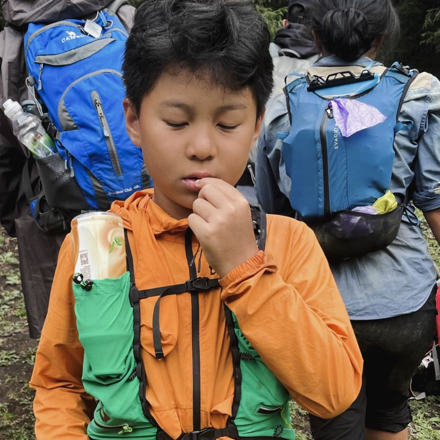 林间小路上尝野果的男孩